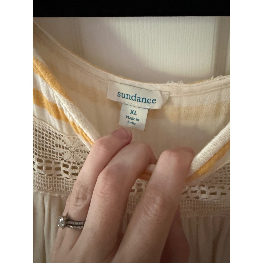 Sundance Women XL Cotton Striped Lace Tiered Maxi Dress Boho Puff Sleeve Cream - Picture 3 of 4